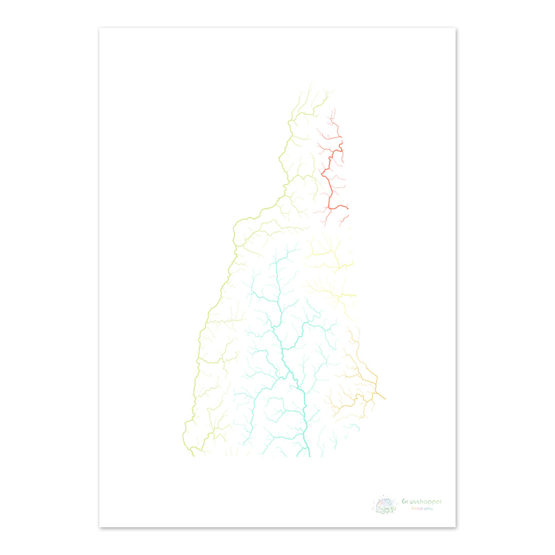 New Hampshire - Mapa da bacia hidrográfica, pastel sobre branco - Impressão de belas artes