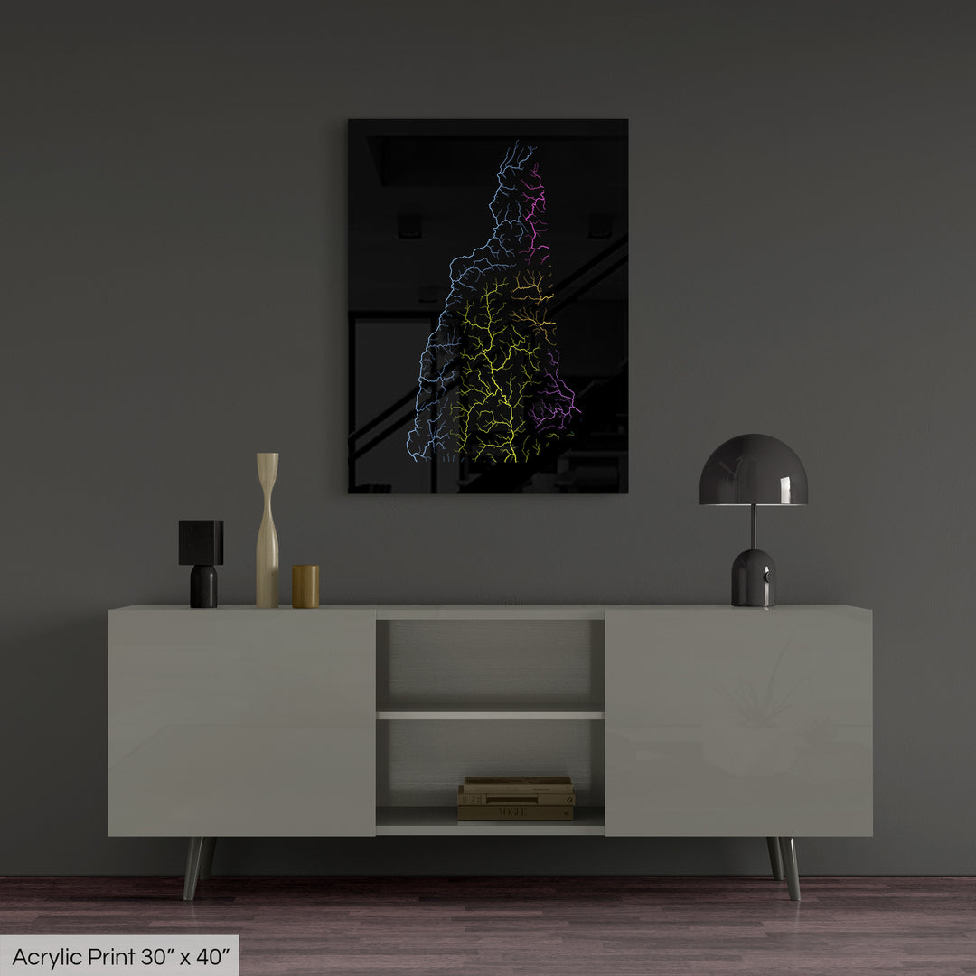 New Hampshire - River basin map, rainbow colours - Wall Art