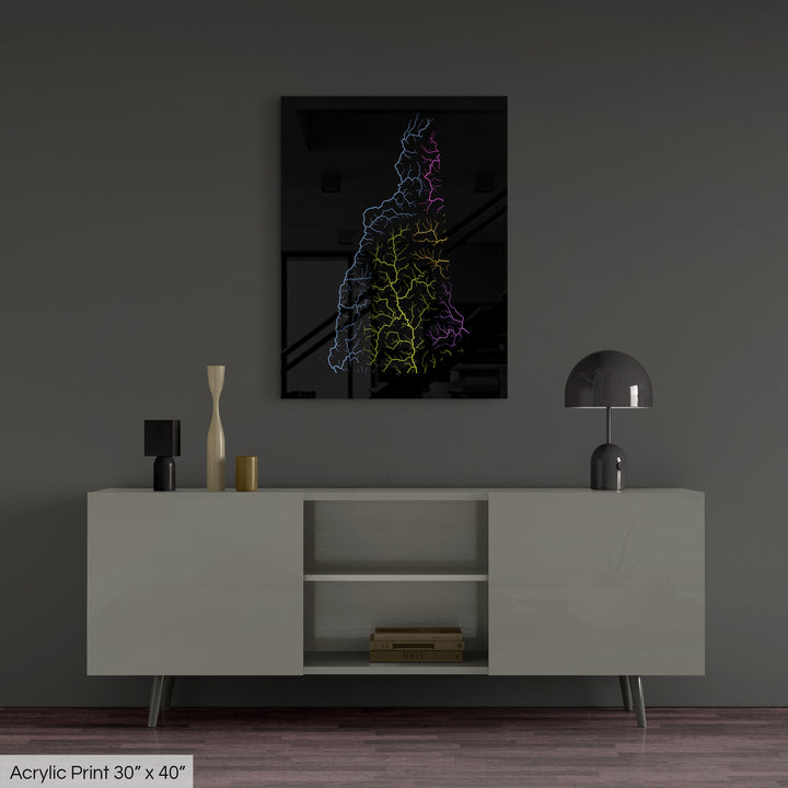 New Hampshire - River basin map, rainbow colours - Wall Art