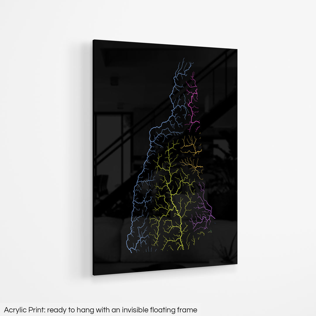 New Hampshire - River basin map, rainbow colours - Wall Art