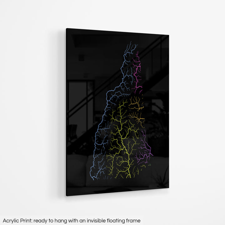 New Hampshire - River basin map, rainbow colours - Wall Art