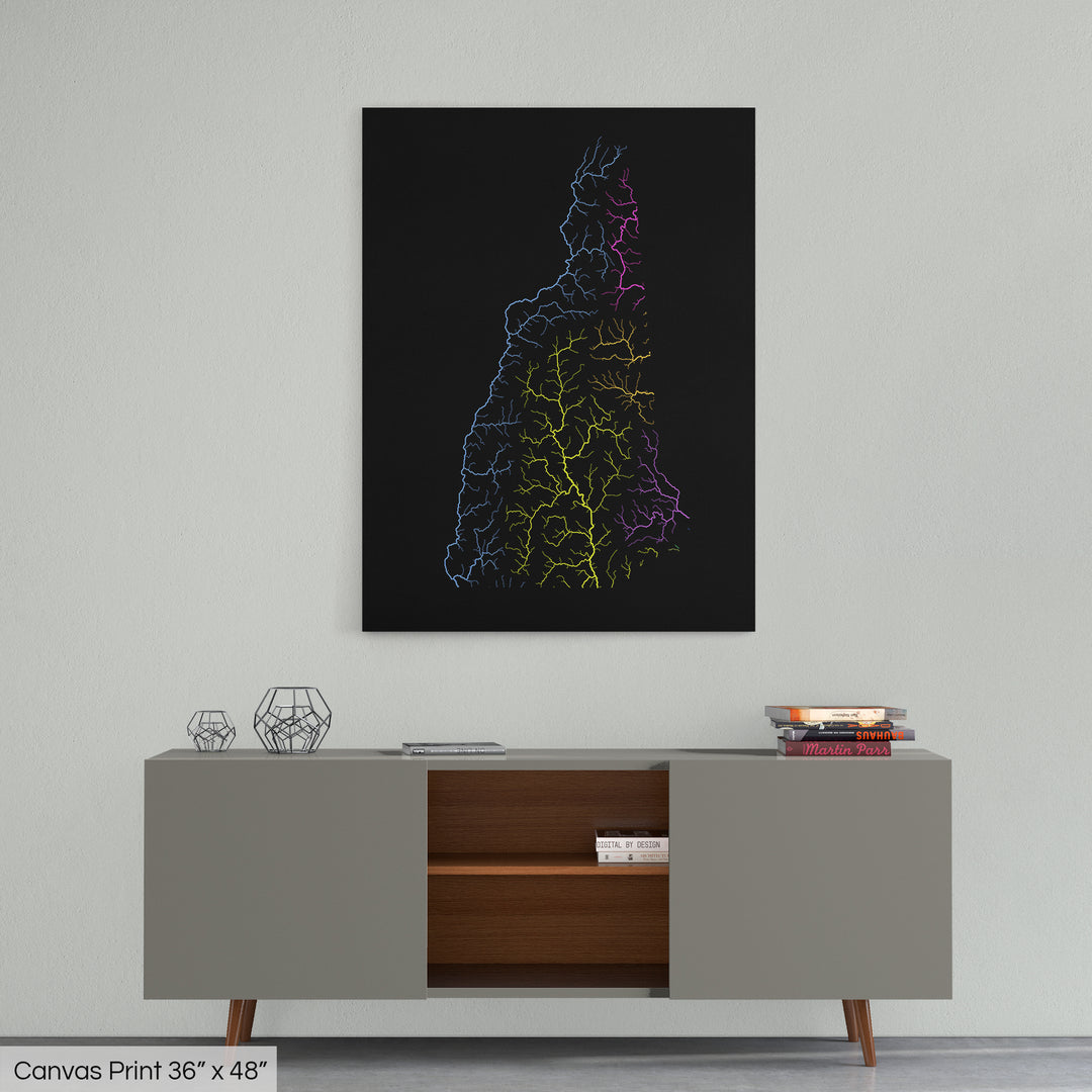 New Hampshire - River basin map, rainbow colours - Wall Art