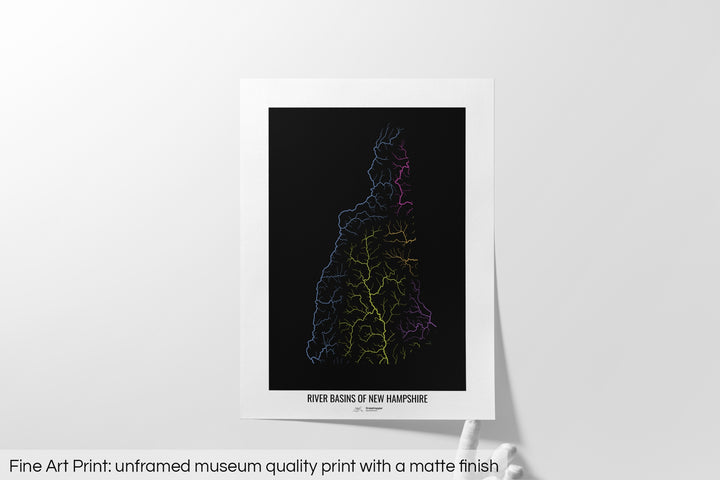 New Hampshire - River basin map, rainbow colours - Wall Art