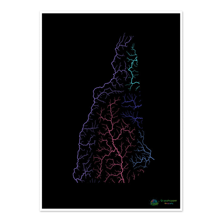 New Hampshire - Carte du bassin fluvial, arc-en-ciel sur noir - Fine Art Print