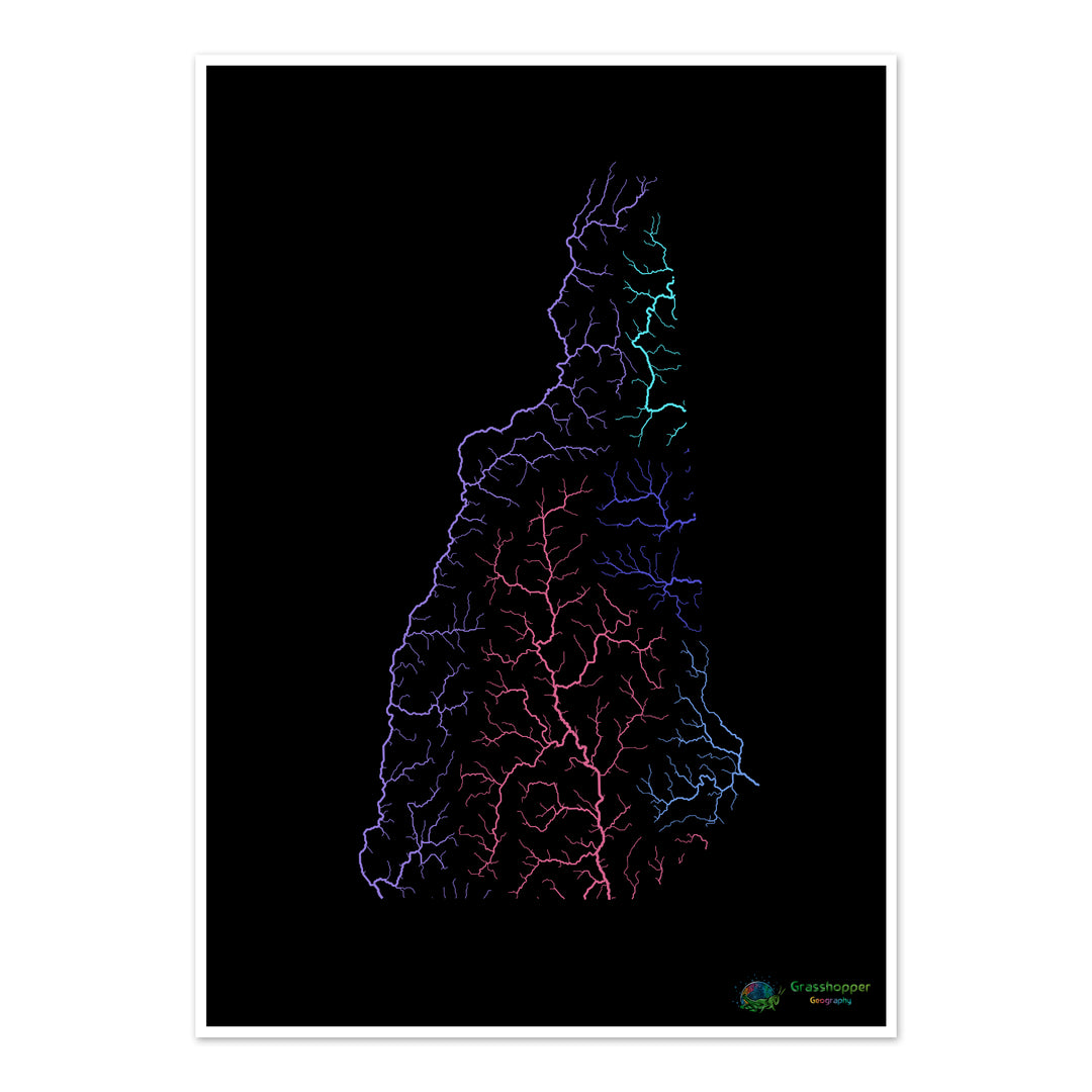 New Hampshire - Mapa da bacia hidrográfica, arco-íris em preto - Impressão de belas artes