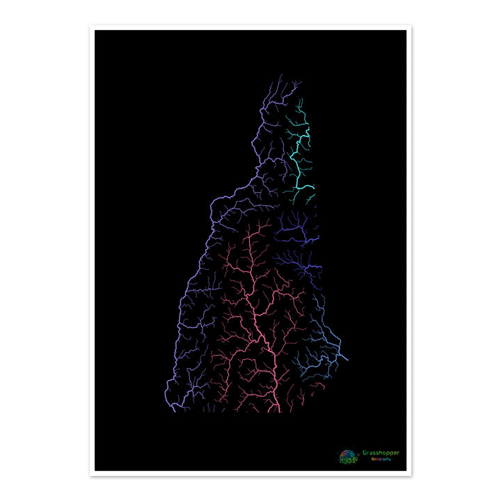 New Hampshire - Mapa da bacia hidrográfica, arco-íris em preto - Impressão de belas artes