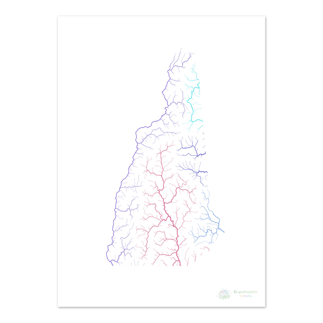 New Hampshire - Carte du bassin fluvial, arc-en-ciel sur blanc - Fine Art Print