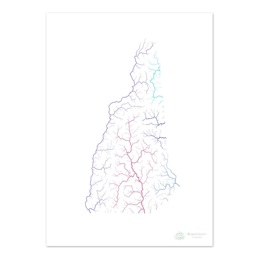 New Hampshire - Mapa de la cuenca fluvial, arco iris sobre blanco - Impresión de bellas artes