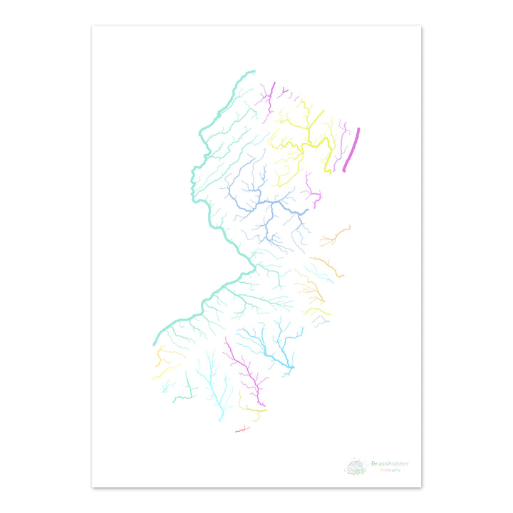 River basin map of New Jersey, pastel colours on white - Fine Art Print