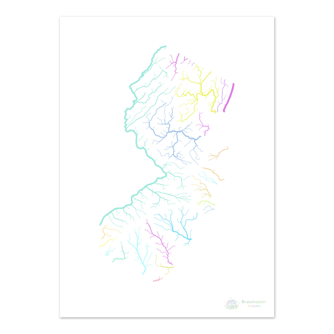 Nova Jersey - Mapa da bacia hidrográfica, pastel sobre branco - Impressão de belas artes