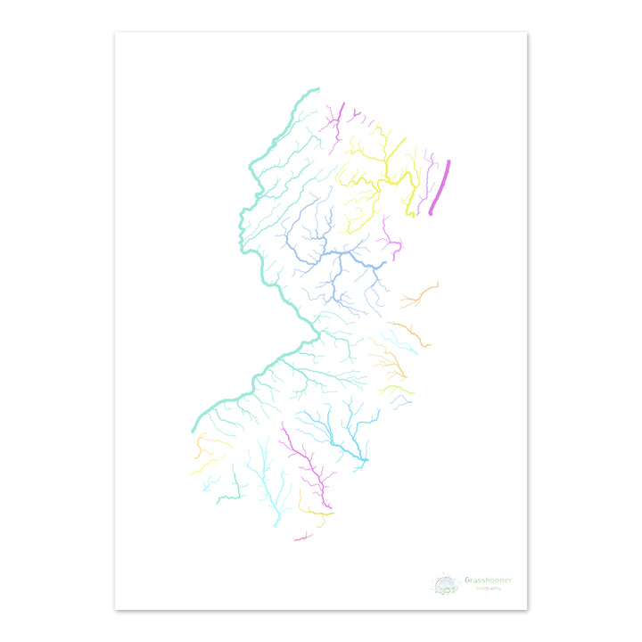 Nova Jersey - Mapa da bacia hidrográfica, pastel sobre branco - Impressão de belas artes