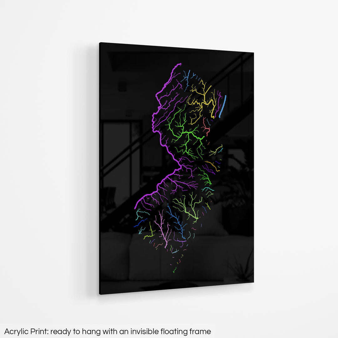 New Jersey - River basin map, rainbow colours - Wall Art