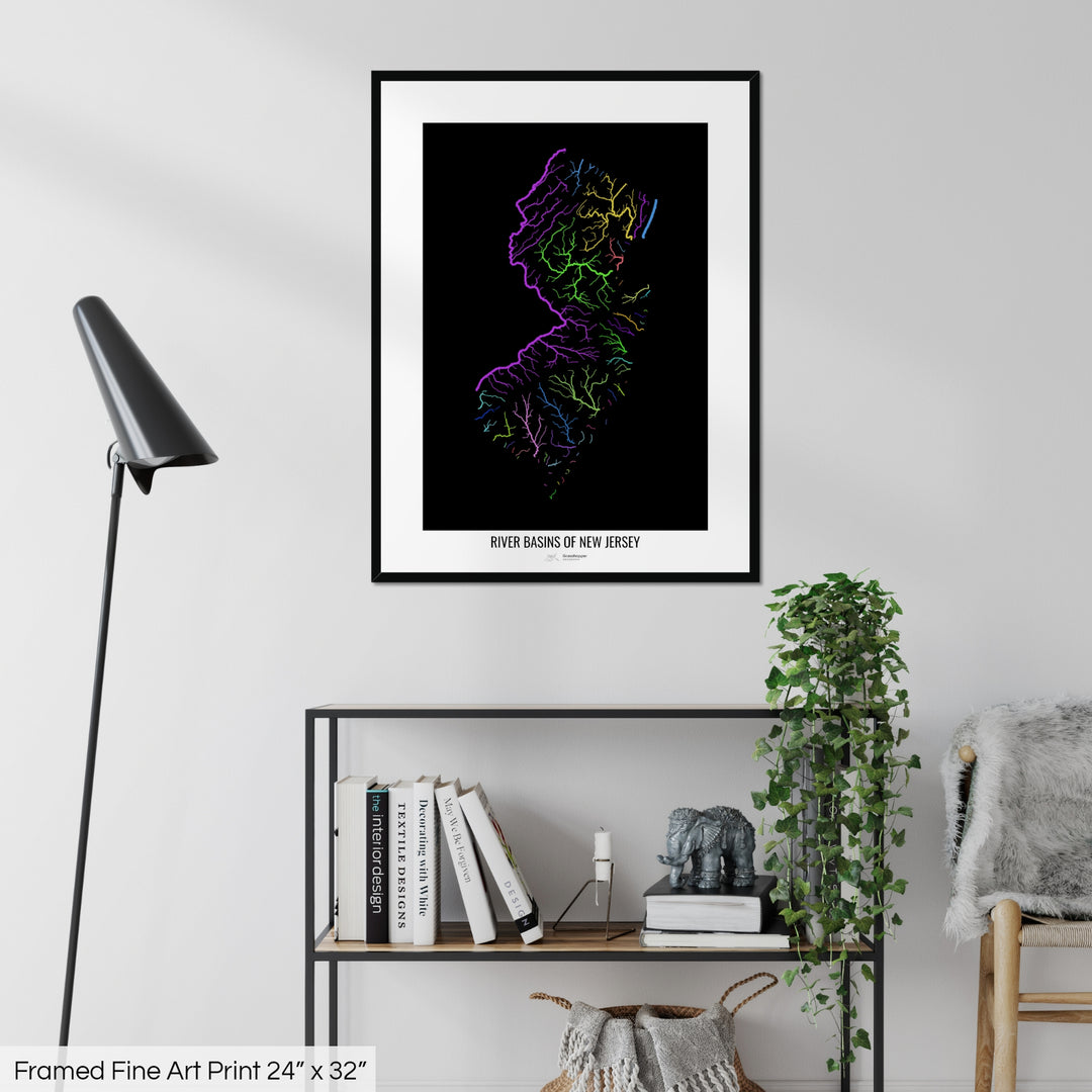 New Jersey - River basin map, rainbow colours - Wall Art