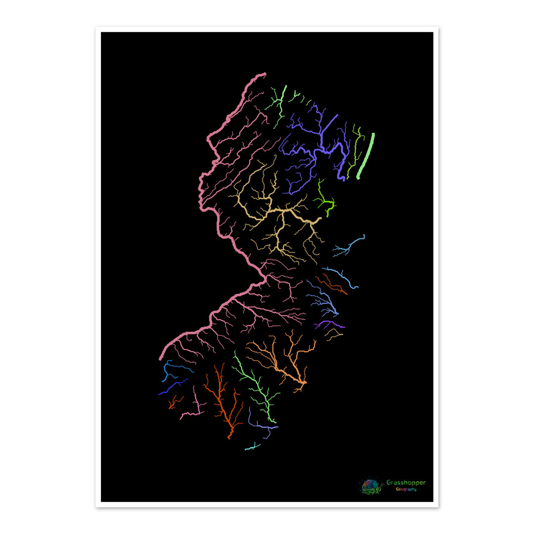 New Jersey - Carte du bassin fluvial, arc-en-ciel sur noir - Fine Art Print