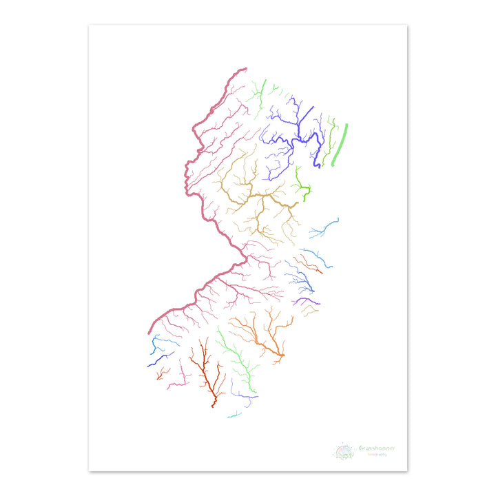 New Jersey - Carte du bassin fluvial, arc-en-ciel sur blanc - Fine Art Print