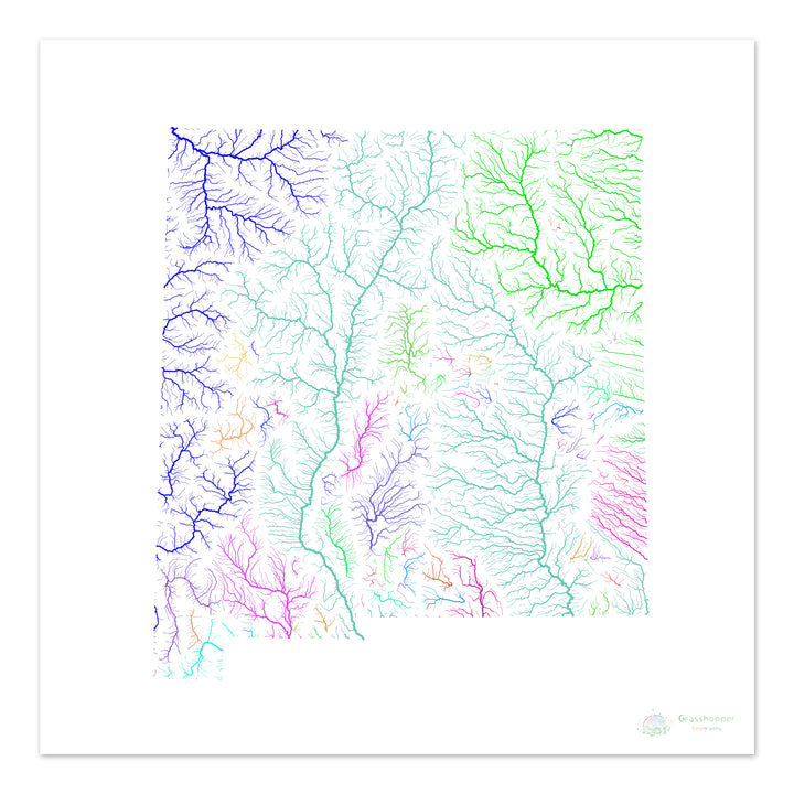 River basin map of New Mexico, rainbow colours on white Fine Art Print
