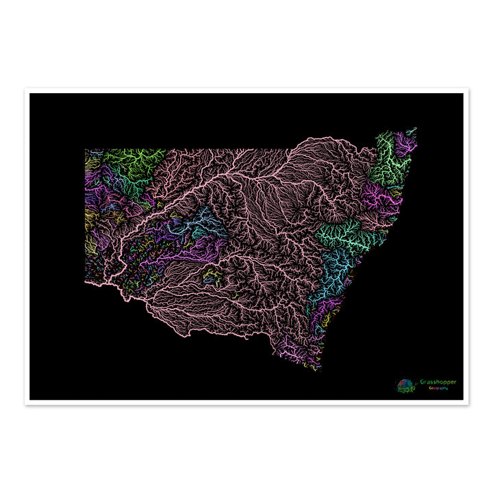 New South Wales - River basin map, pastel on black - Fine Art Print