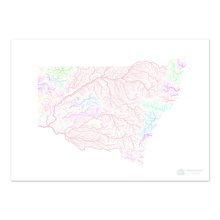 Nueva Gales del Sur - Mapa de la cuenca fluvial, pastel sobre blanco - Impresión de bellas artes