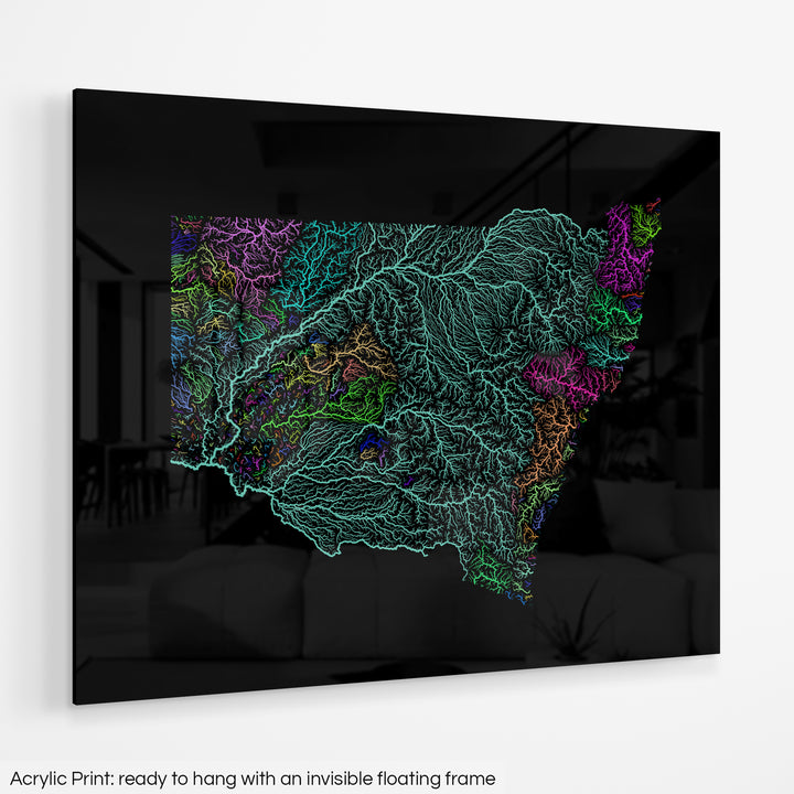 New South Wales - River basin map, rainbow colours - Wall Art