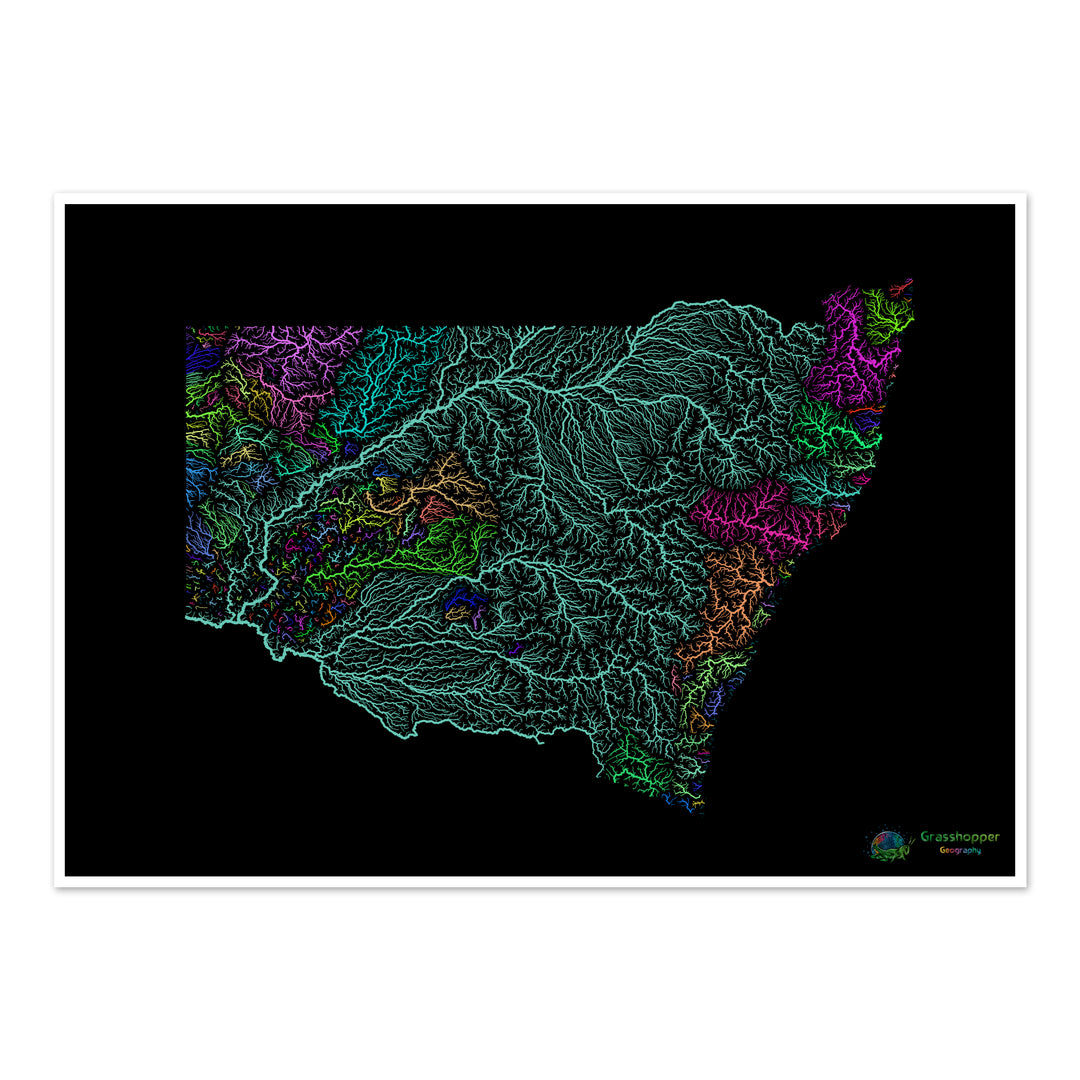 River basin map of New South Wales, rainbow colours on black - Fine Art Print