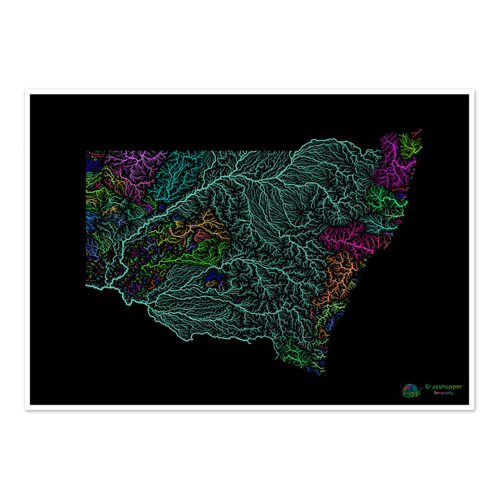 Nueva Gales del Sur - Mapa de la cuenca fluvial, arco iris sobre negro - Impresión de bellas artes