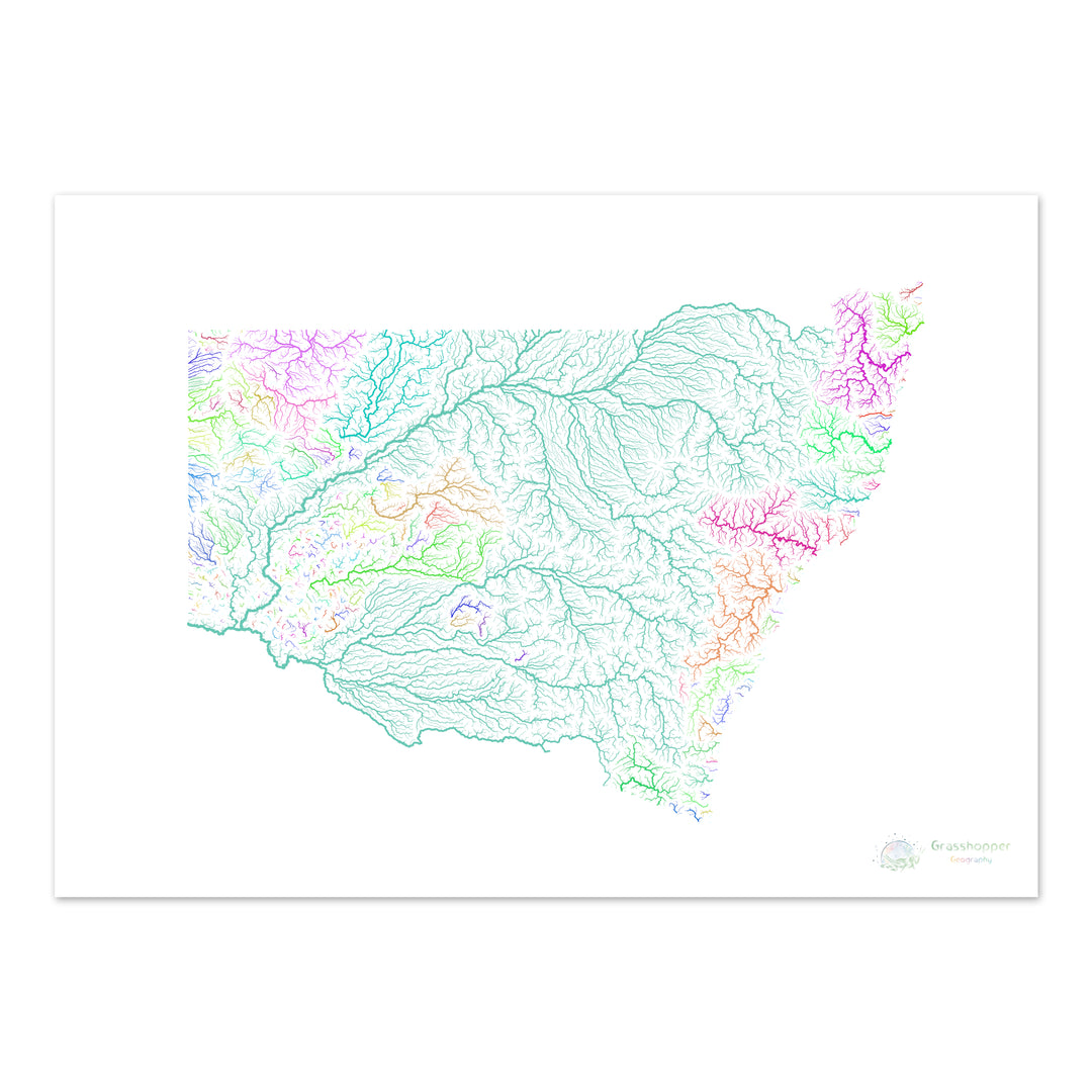 New South Wales - River basin map, rainbow on white - Fine Art Print