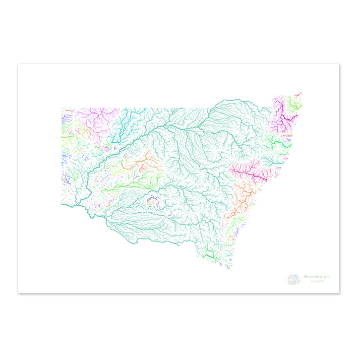 Nueva Gales del Sur - Mapa de la cuenca fluvial, arco iris sobre blanco - Impresión de bellas artes
