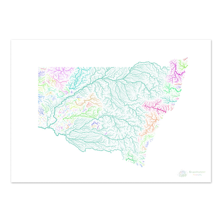 New South Wales - River basin map, rainbow on white - Fine Art Print