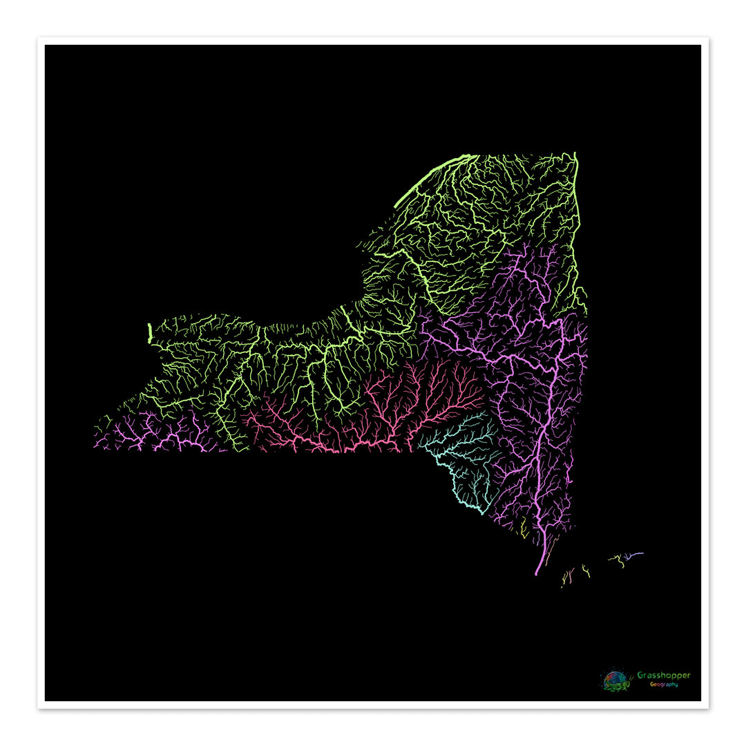 New York - River basin map, pastel on black - Fine Art Print