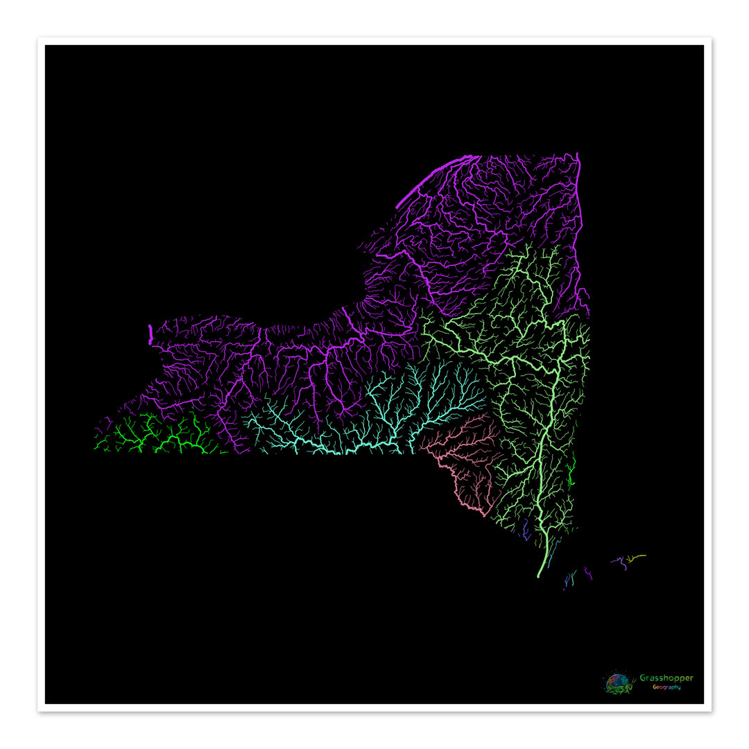 New York - River basin map, rainbow on black - Fine Art Print