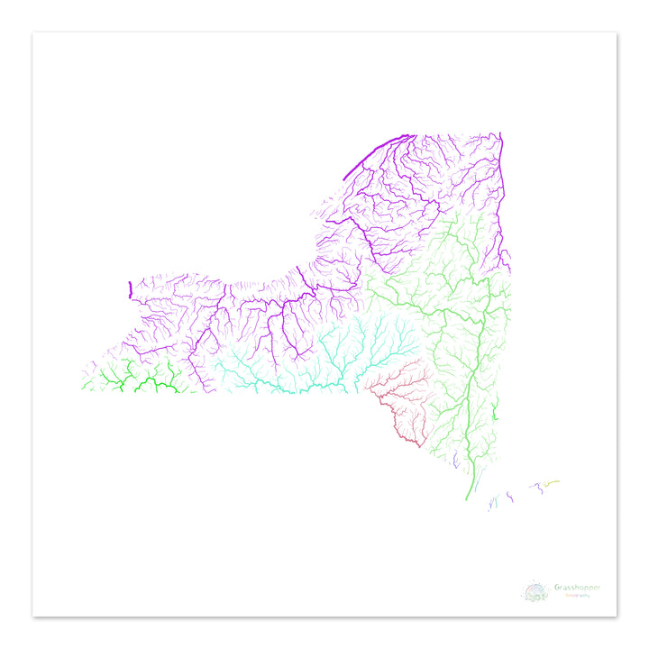New York - Carte du bassin fluvial, arc-en-ciel sur blanc - Fine Art Print