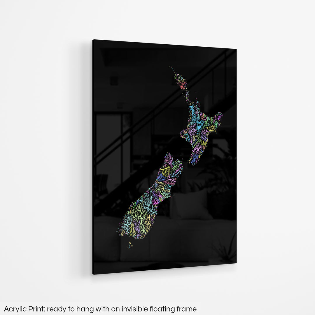New Zealand - River basin map, pastel colours - Wall Art