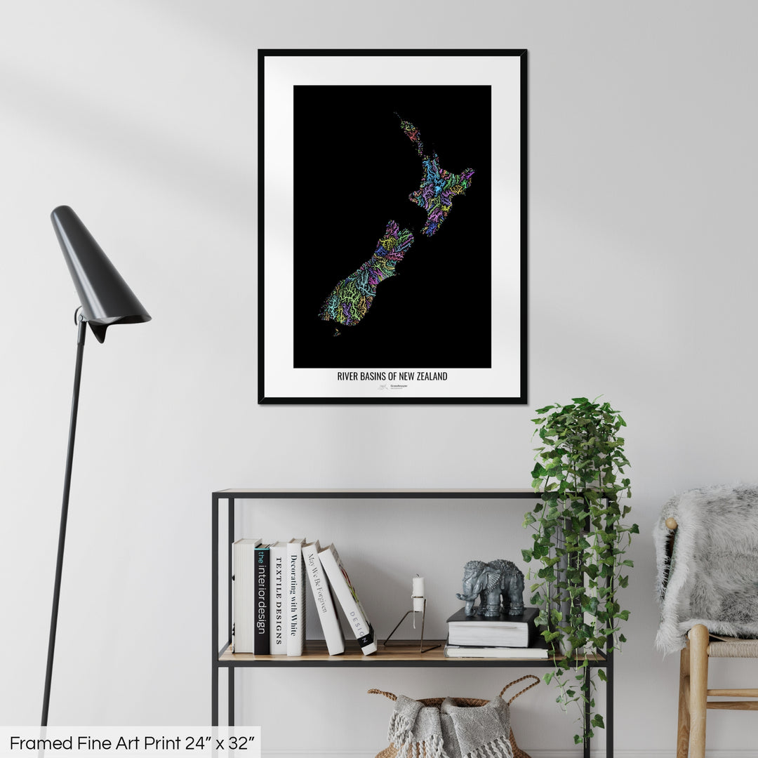 New Zealand - River basin map, pastel colours - Wall Art