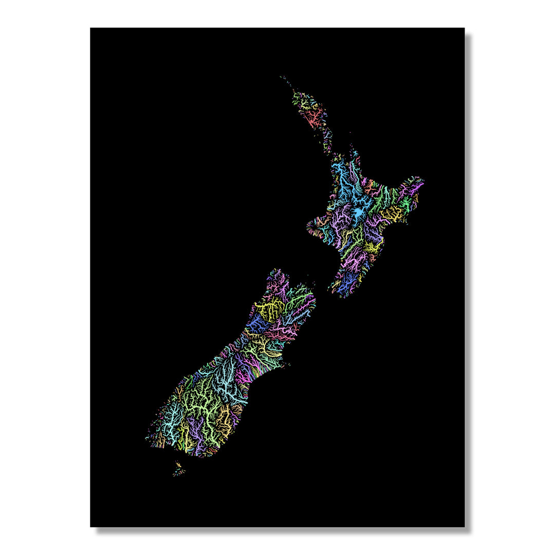 New Zealand - River basin map, pastel colours - Wall Art