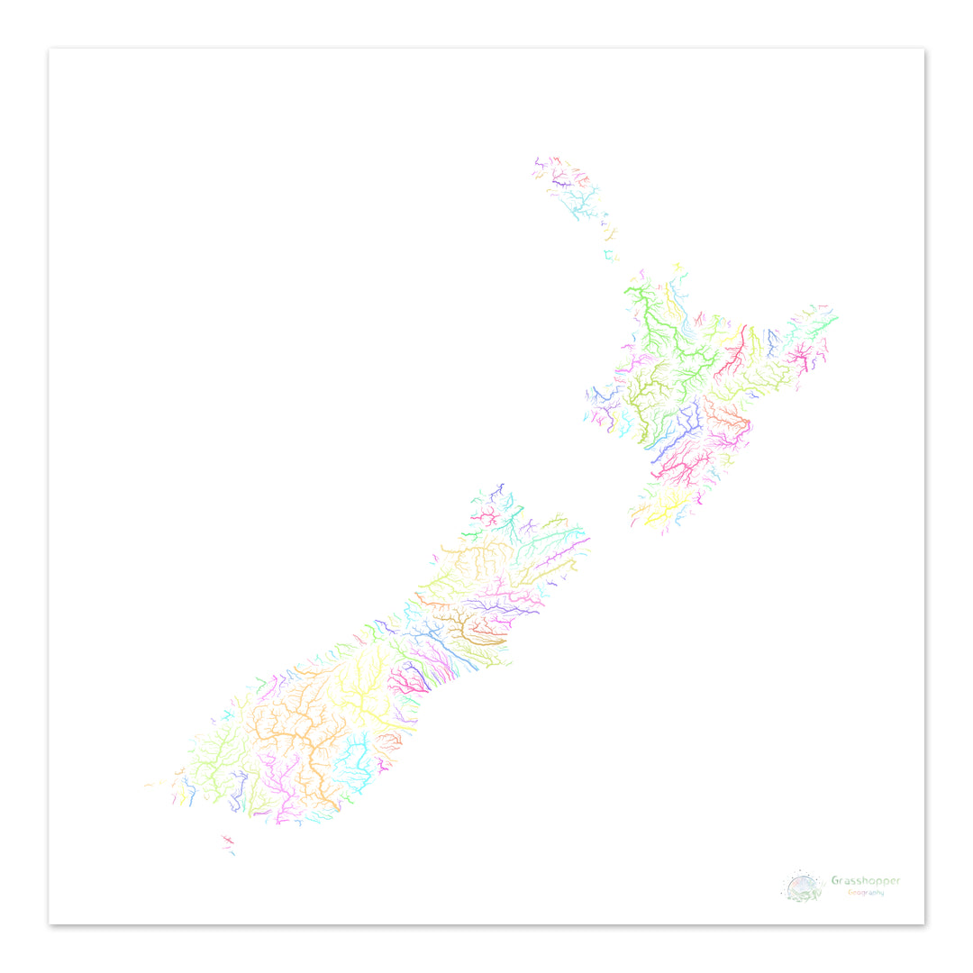 Nouvelle-Zélande - Carte des bassins fluviaux, pastel sur blanc - Fine Art Print