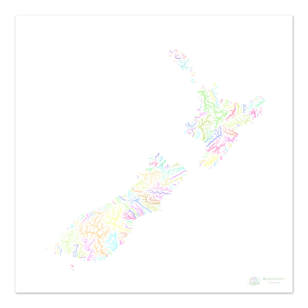 New Zealand - River basin map, pastel on white - Fine Art Print