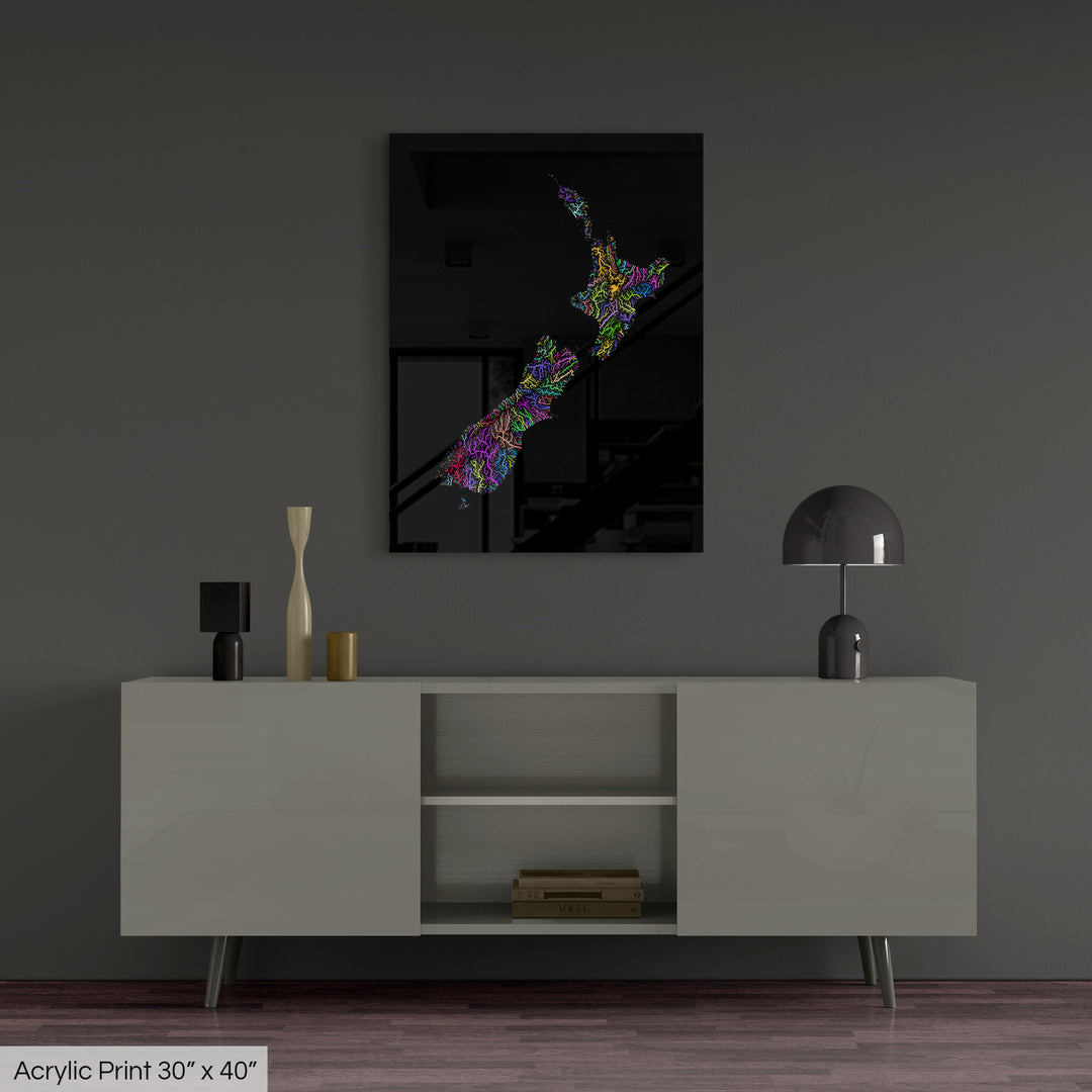 New Zealand - River basin map, rainbow colours - Wall Art