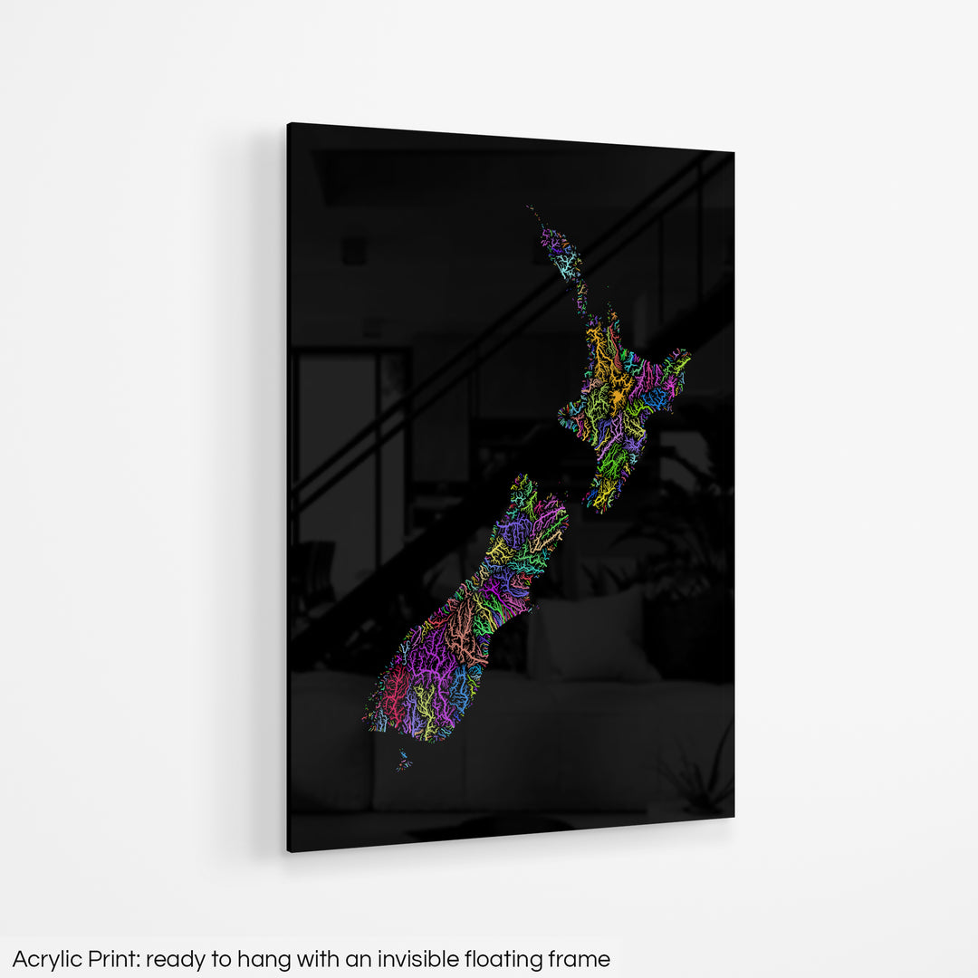 New Zealand - River basin map, rainbow colours - Wall Art