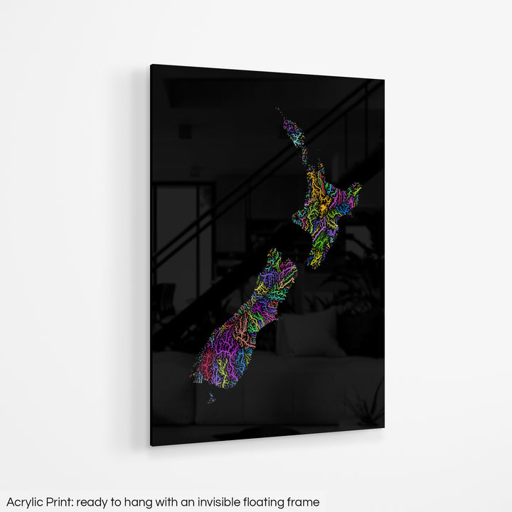 New Zealand - River basin map, rainbow colours - Wall Art