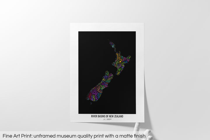 New Zealand - River basin map, rainbow colours - Wall Art