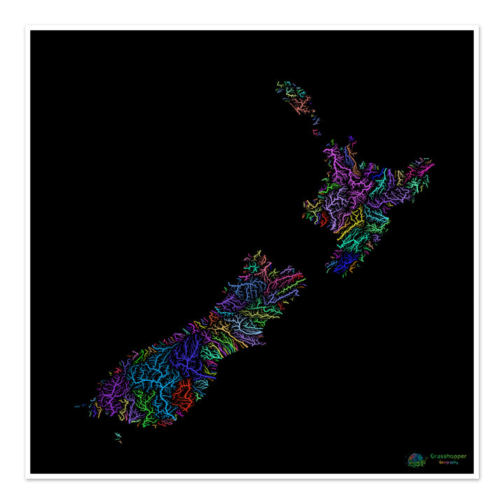 Nouvelle-Zélande - Carte des bassins fluviaux, arc-en-ciel sur noir - Fine Art Print