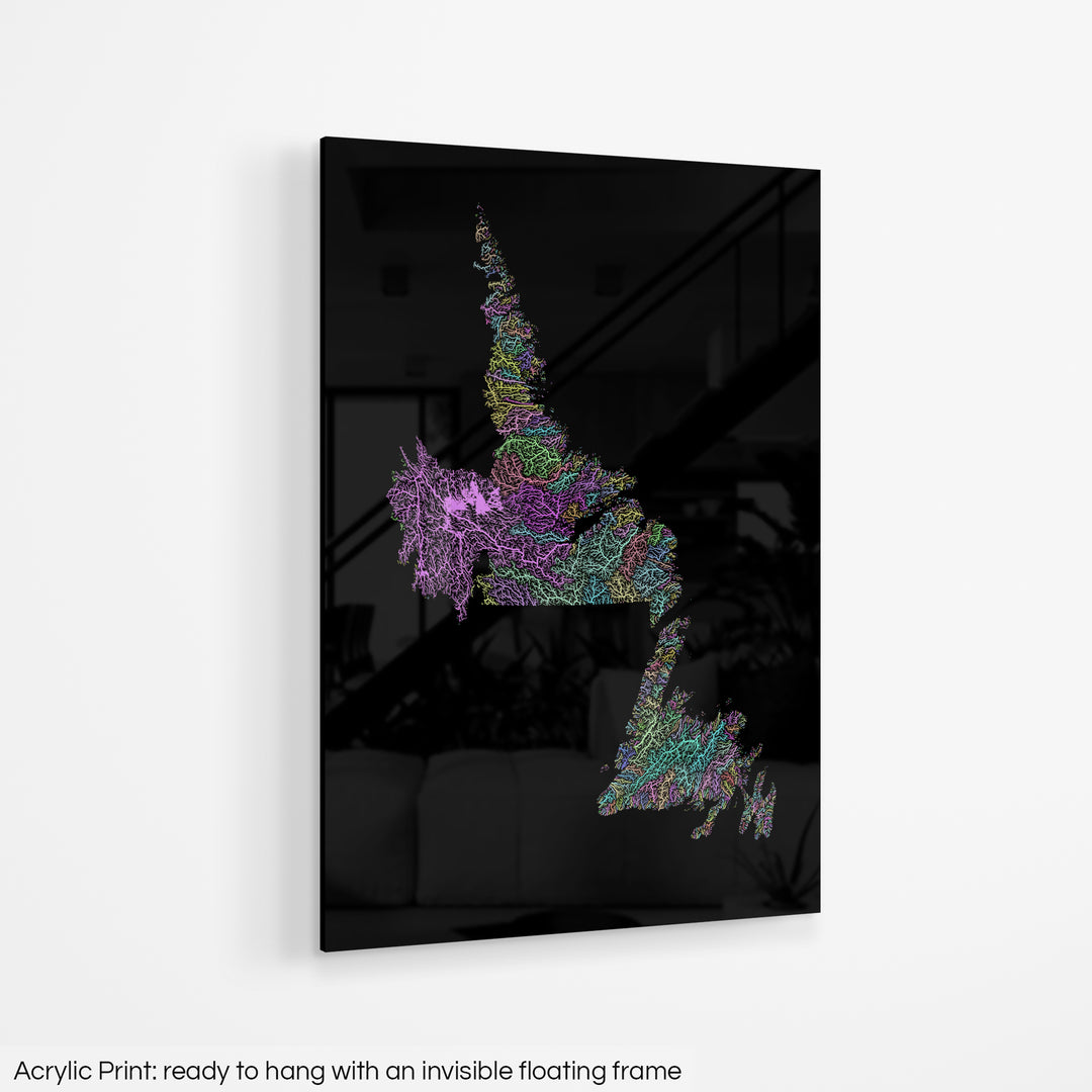 Newfoundland and Labrador - River basin map, pastel colours - Wall Art