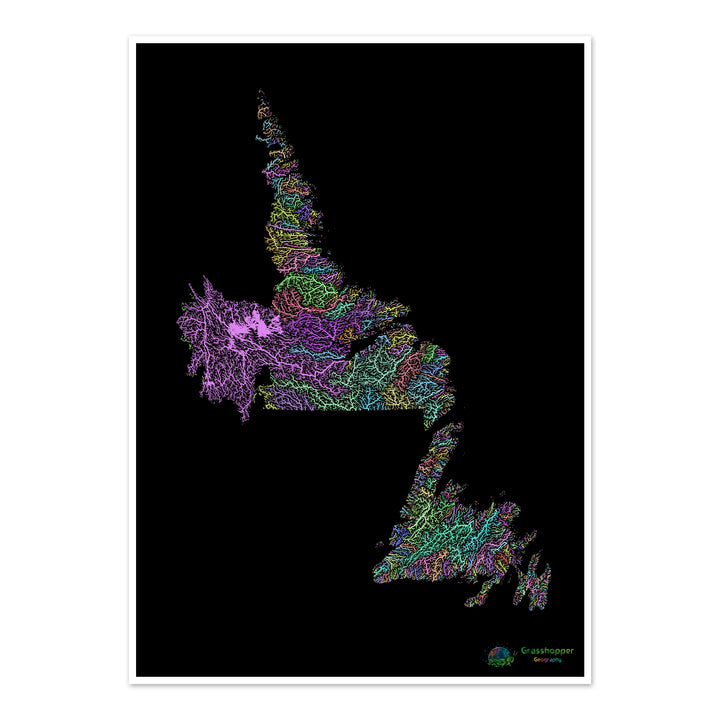 River basin map of Newfoundland and Labrador, pastel colours on black - Fine Art Print