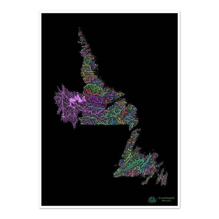 Terra Nova e Labrador - Mapa da bacia hidrográfica, pastel sobre preto - Impressão de belas artes