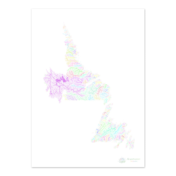 Terranova y Labrador - Mapa de la cuenca fluvial, pastel sobre blanco - Impresión de bellas artes