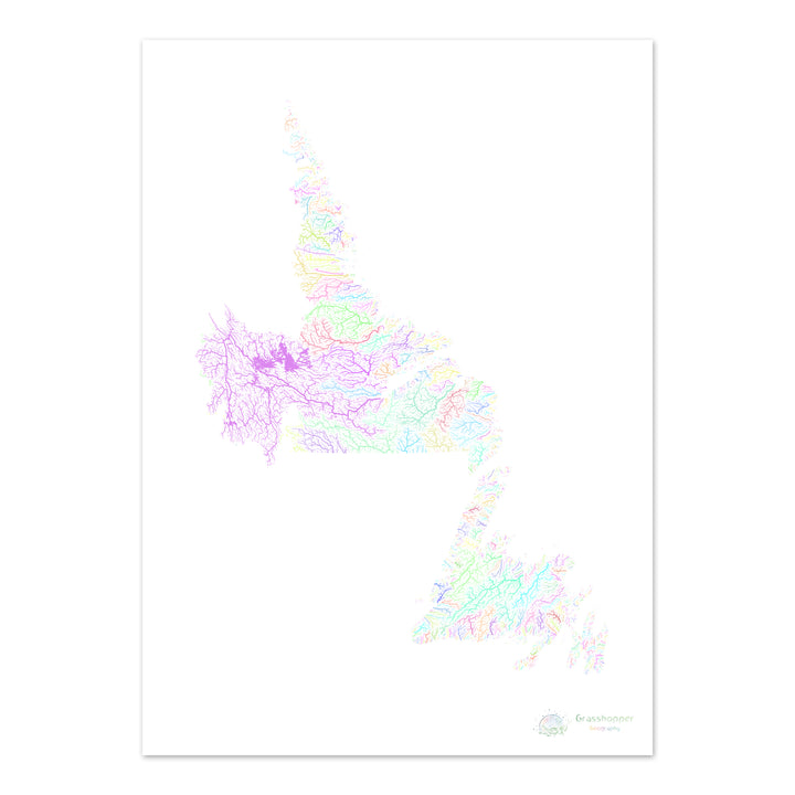 Terra Nova e Labrador - Mapa da bacia hidrográfica, pastel sobre branco - Impressão de belas artes