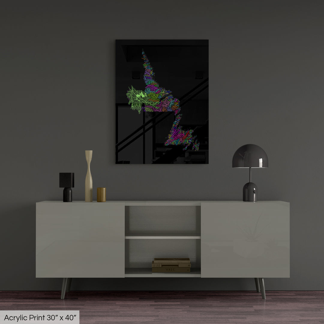 Newfoundland and Labrador - River basin map, rainbow colours - Wall Art