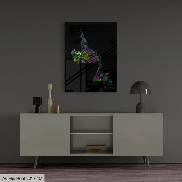 Newfoundland and Labrador - River basin map, rainbow colours - Wall Art