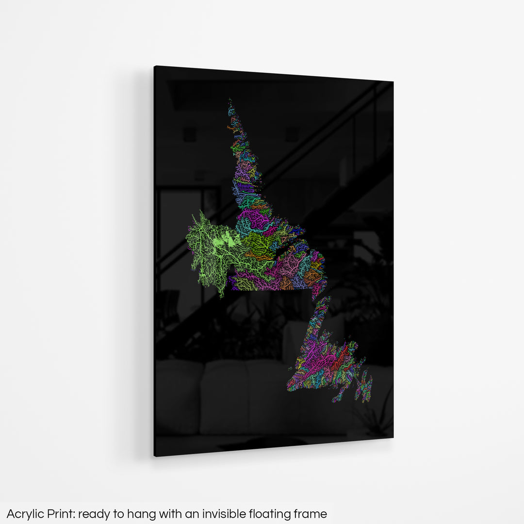 Newfoundland and Labrador - River basin map, rainbow colours - Wall Art