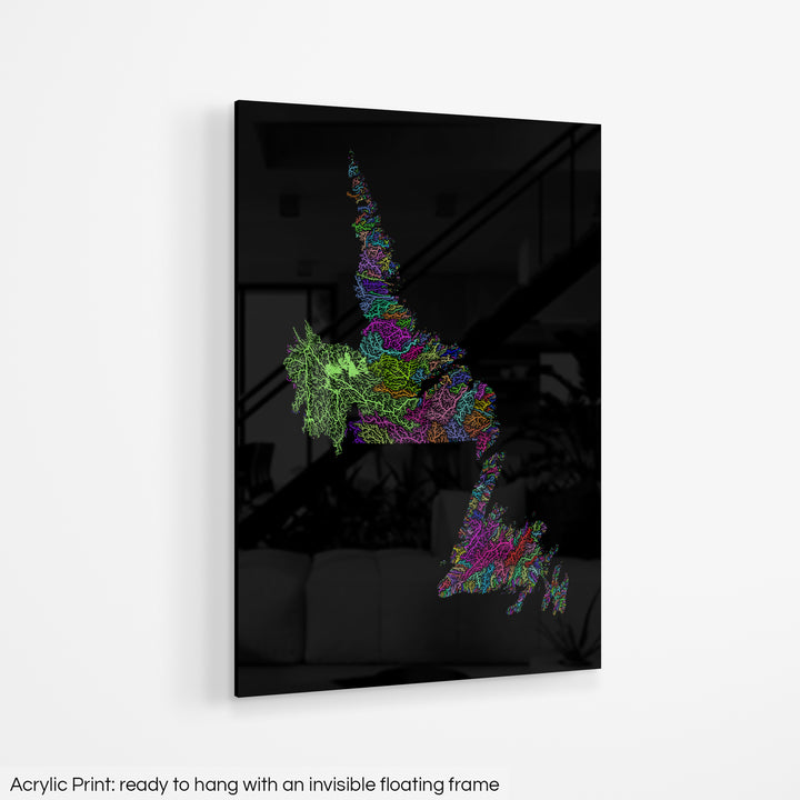 Newfoundland and Labrador - River basin map, rainbow colours - Wall Art